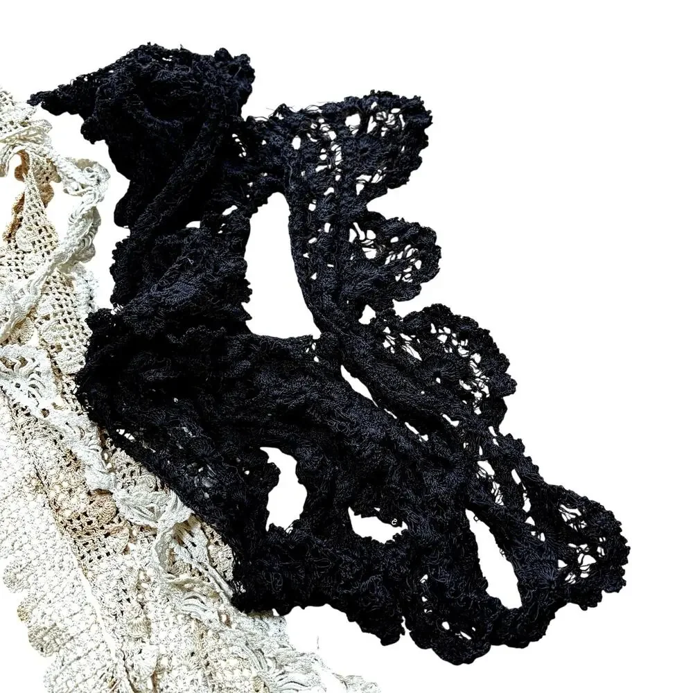 Vintage hand crochet lace remnants including beige & black 1+ yard each as found